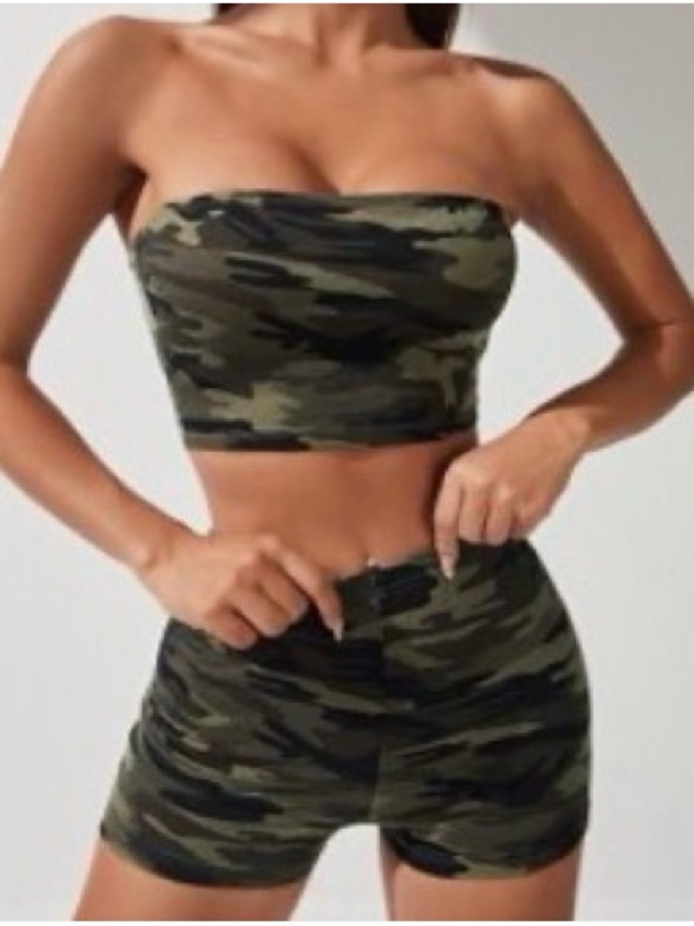 NWOT SHEIN Olive Green Camo Tube Top and High-Waist Shorts Set